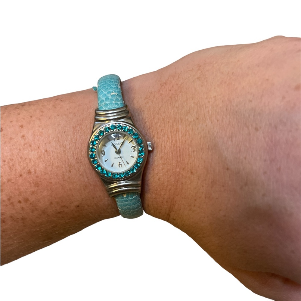 Gossip Turquoise Leather Band Cuff Wrist Watch with Jeweled Round Face